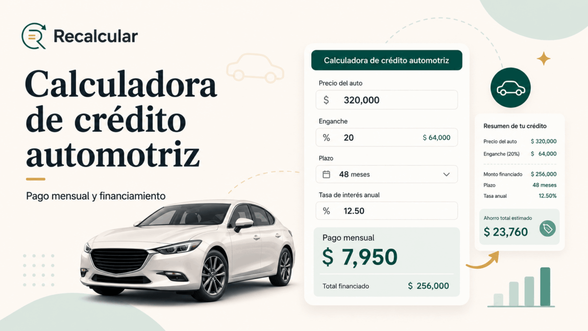 Calculadora de crédito automotriz para estimar mensualidad, enganche e intereses